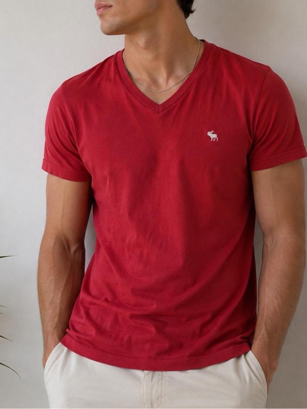 Abercrombie & Fitch XS Red V-Neck Moose Logo T-Shirt